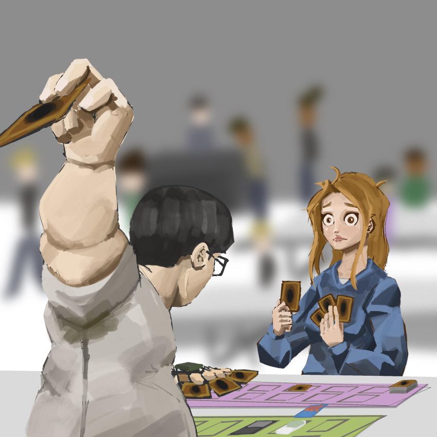 1boy 1girl absurdres arm_up black_hair blue_hoodie blurry blurry_background bowl_cut brown_hair card card_game duel eyewear_on_head finishing_move furrowed_brow glasses highres holding holding_card hood hoodie indoors looking_at_another messy_hair mixed_gender_duel shirt surprised table tistisky upper_body white_shirt yu-gi-oh!