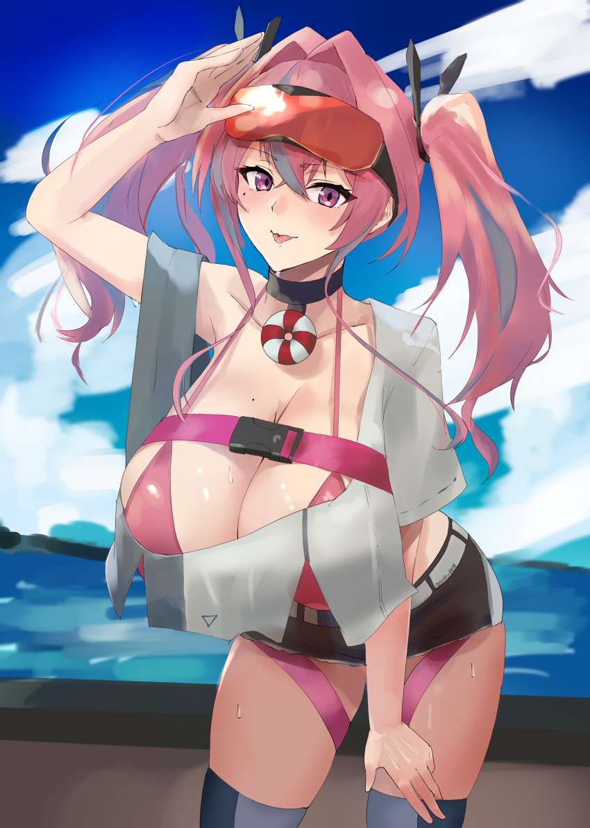 1girl absurdres arm_up aya_roushi azur_lane bangs bare_shoulders belt bikini black_shorts blue_sky blush breasts bremerton_(azur_lane) choker cleavage cloud collarbone commentary_request cowboy_shot crop_top crop_top_overhang crossed_bangs day eyebrows_visible_through_hair eyewear_on_head grey_belt grey_hair grey_legwear hair_between_eyes hair_intakes hair_ornament hand_on_own_thigh highres huge_breasts lifebuoy_ornament long_hair looking_at_viewer midriff mole mole_on_breast mole_under_eye multicolored_hair ocean outdoors pink_bikini pink_eyes pink_hair red-tinted_eyewear shirt short_shorts shorts sidelocks skindentation sky smile solo standing streaked_hair sunglasses swimsuit thigh_strap thighhighs thighs tinted_eyewear tongue tongue_out twintails two-tone_hair two-tone_legwear two-tone_shirt white_shirt