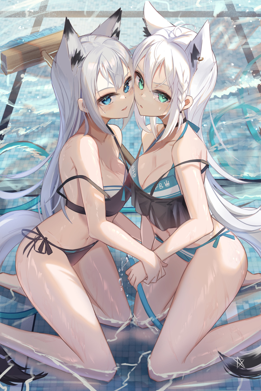 2girls absurdres ahoge animal_ear_fluff animal_ears azur_lane blue_eyes braid creator_connection empty_pool fox_ears fox_girl fox_tail highres hololive hose kawakaze_(azur_lane) kitabana long_hair look-alike looking_at_viewer multiple_girls pentagram pool shirakami_fubuki side_braid single_braid swimsuit tail very_long_hair virtual_youtuber wading_pool water white_hair