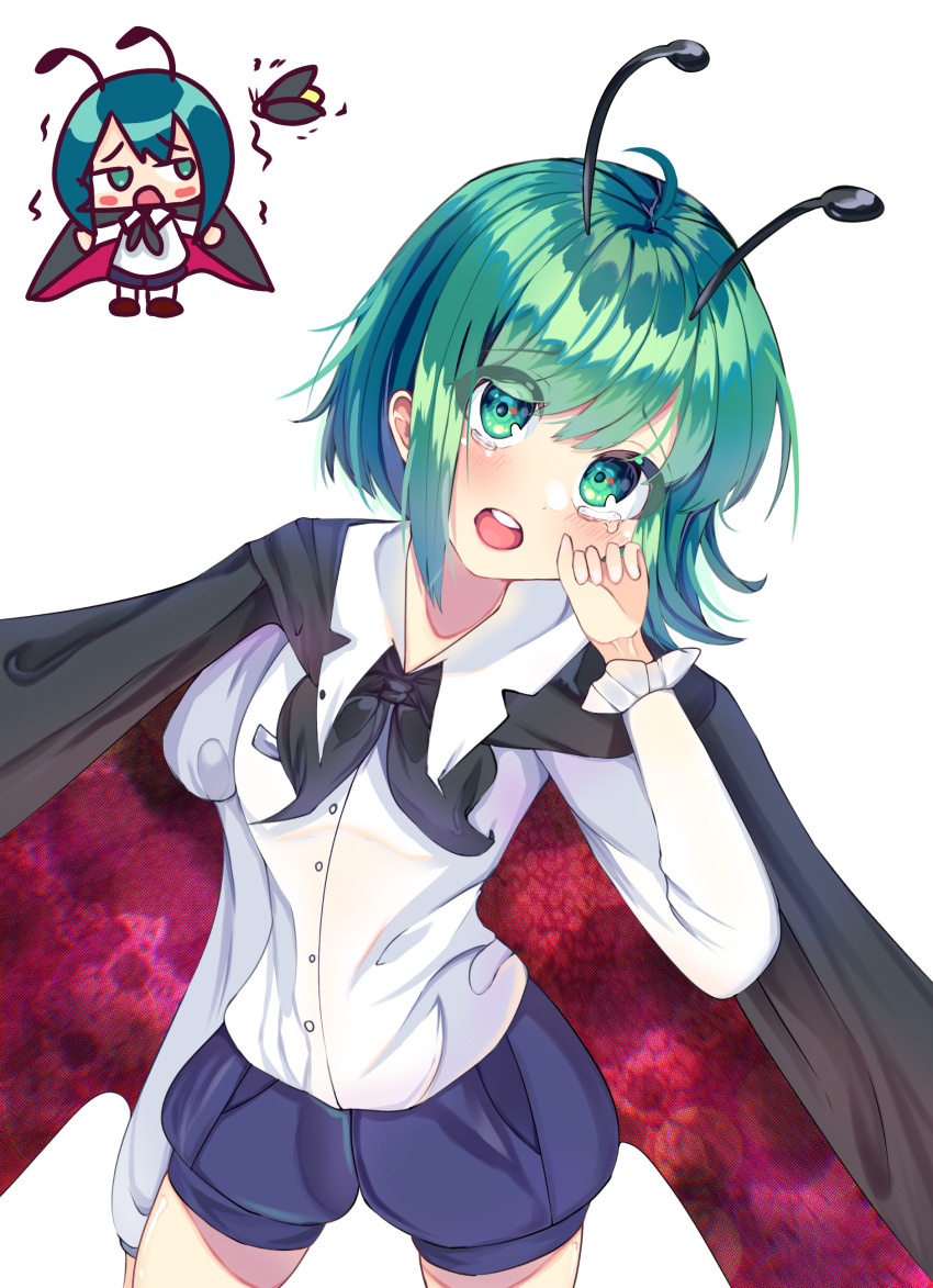 1girl absurdres antennae bangs black_cape blue_shorts blush breasts bug cape chibi chibi_inset collared_shirt commentary_request cowboy_shot eyebrows_visible_through_hair eyes_visible_through_hair firefly green_eyes green_hair highres long_sleeves looking_at_viewer open_mouth red_cape shirt short_hair shorts simple_background small_breasts tearing_up touhou two-sided_cape two-sided_fabric white_background white_shirt wriggle_nightbug yyghh_ii