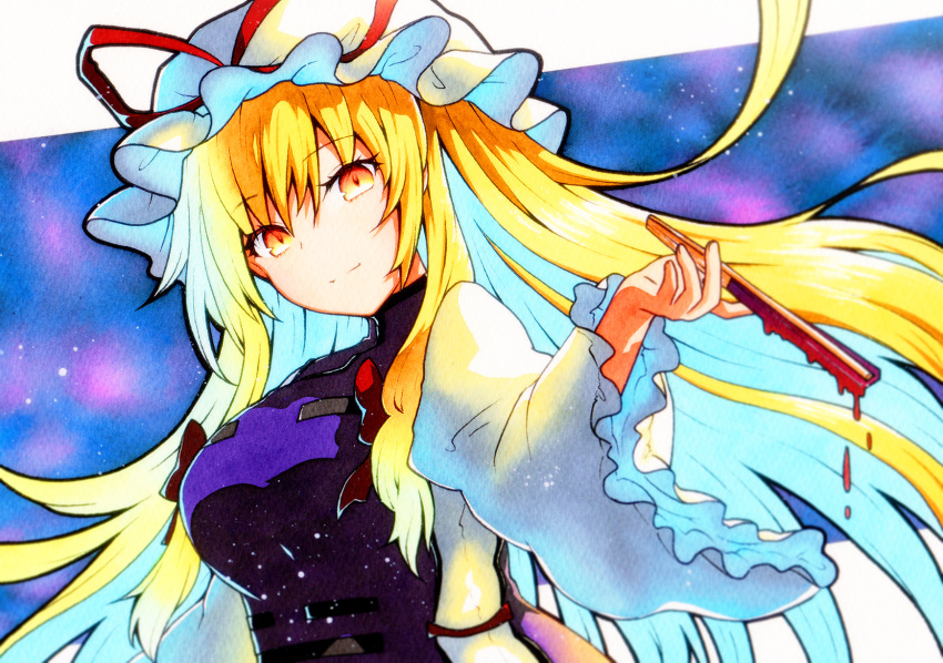 1girl bangs blonde_hair breasts dress eyebrows_visible_through_hair fan folding_fan hand_fan hat hat_ribbon highres holding long_hair long_sleeves looking_at_viewer mob_cap qqqrinkappp ribbon sidelocks solo tabard touhou traditional_media upper_body white_dress wide_sleeves yakumo_yukari yellow_eyes