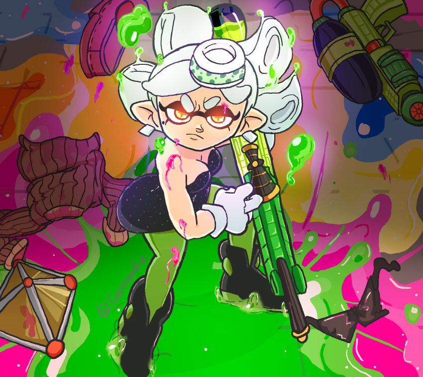 angry breasts cephalopod cleavage clothed clothing clothing_on_floor female gerroodie gun hi_res holding_object holding_weapon humanoid humanoid_pointy_ears ink inkling looking_at_viewer marie_(splatoon) marine mollusk nintendo not_furry pseudo_hair ranged_weapon rifle solo splatoon sweater tentacle_hair tentacles topwear video_games weapon