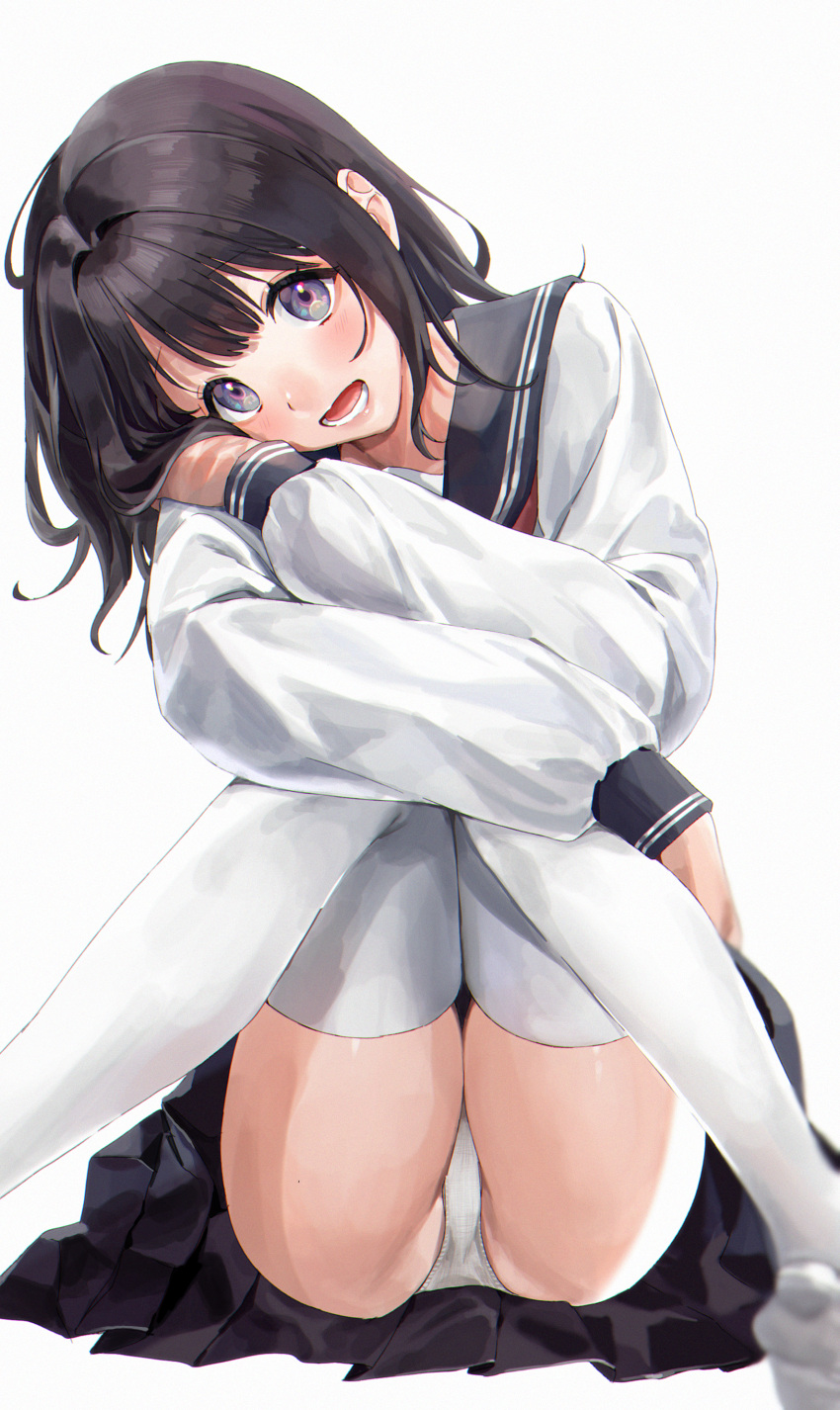 1girl :d absurdres bangs black_hair black_sailor_collar black_skirt blouse blue_eyes blurry blurry_foreground blush depth_of_field head_rest highres knees_together_feet_apart knees_up long_hair long_sleeves looking_at_viewer open_mouth original panties pantyshot pleated_skirt sailor_collar school_uniform serafuku simple_background sinomi sitting skirt sleeve_cuffs smile solo symbol-only_commentary tareme teeth thighhighs underwear white_background white_blouse white_legwear white_panties