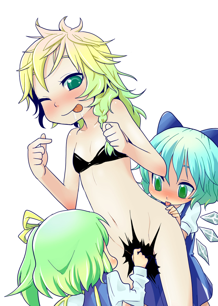 :p absurdres blonde_hair blue_hair blush bottomless bow bra braid censored cirno daiyousei fig_sign green_eyes green_hair hair_bow highres kirisame_marisa licking lingerie messy_hair multiple_girls naughty_face navel no_hat no_headwear nukoosama one_eye_closed saliva side_ponytail tongue tongue_out touhou underwear underwear_only wings yuri