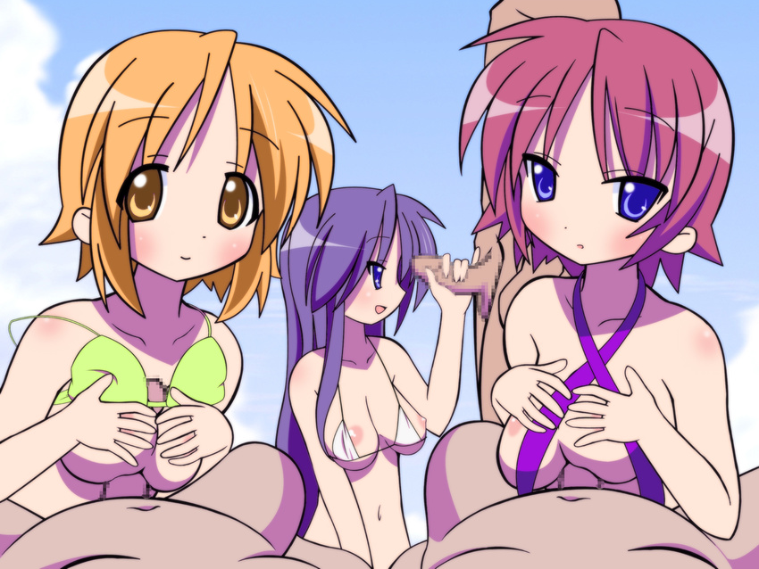 censored highres hiiragi_inori hiiragi_matsuri hiiragi_miki lucky_star naked nipples nude penis poltesimo undressing