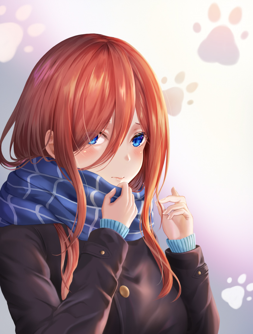 1girl bangs black_coat blue_eyes blue_scarf blush brown_hair coat go-toubun_no_hanayome hair_between_eyes highres long_hair long_sleeves nakano_miku paw_print paw_print_background scarf shiny shiny_hair solo upper_body yuzuriha_(pixiv_14248010)