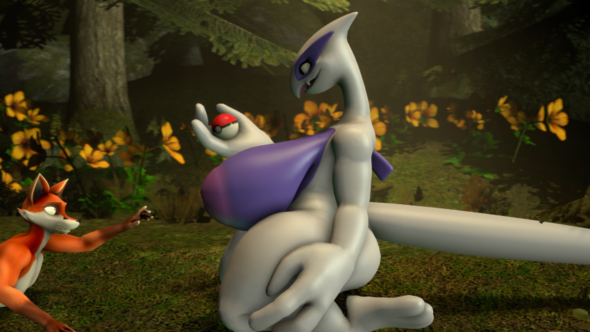 3d_(artwork) absurd_res altelier_t anthro big_breasts breasts canid canine chubby_female digital_media_(artwork) duo female flower forest forest_background fox hi_res legendary_pok&eacute;mon lugia male male/female mammal nature nature_background nintendo plant pok&eacute;ball pok&eacute;mon pok&eacute;mon_(species) scared source_filmmaker surprised_expression thick_thighs tree video_games ych_(character)