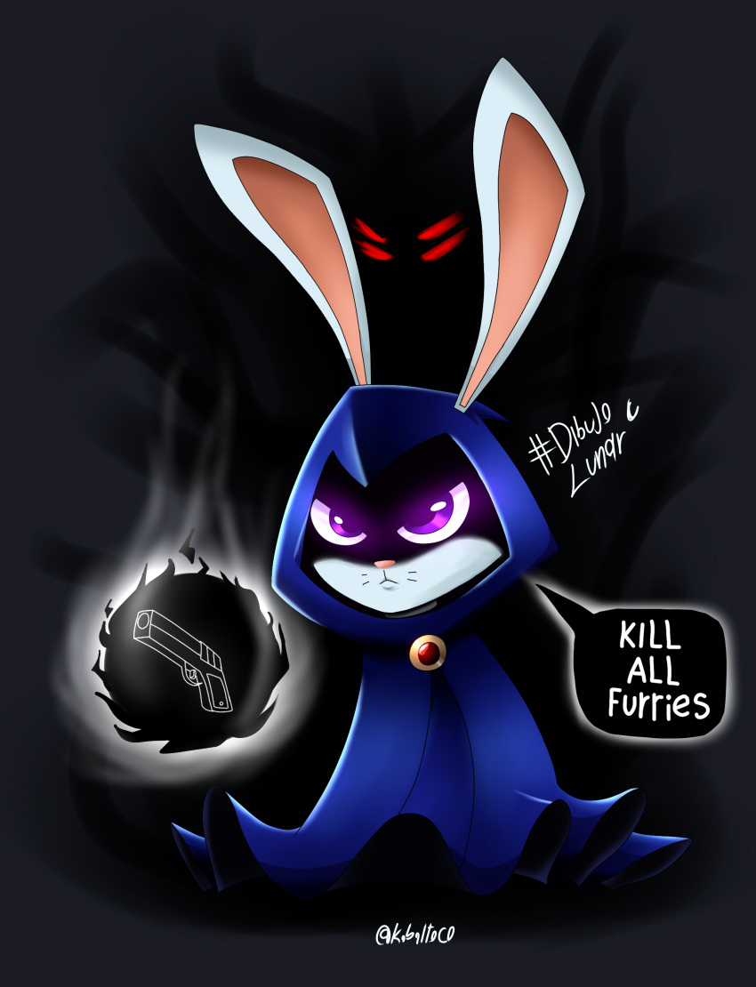 absurd_res alternate_species anthro black_background cloak clothing dc_comics english_text female frown glowing glowing_eyes gun hi_res holding_object holding_weapon hood kobaltoco lagomorph leporid mammal rabbit ranged_weapon raven_(dc) simple_background solo speech_bubble telekinesis text weapon