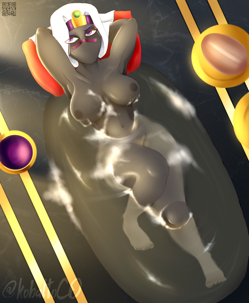 alien alien_humanoid bathing big_breasts breasts duck_dodgers female hands_behind_head hi_res humanoid kobaltoco lying martian mouthless not_furry nude on_back partially_submerged queen_tyr'ahnee soap solo