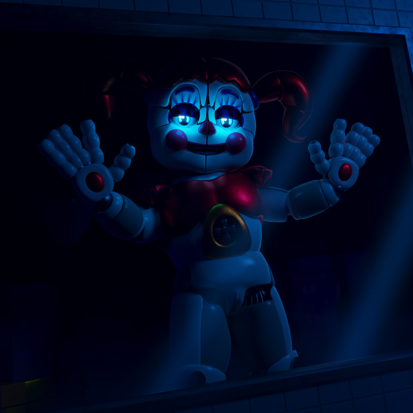 absurd_res ashleyorange baby_(fnafsl) blue_eyes bottomless circus_baby_(fnaf) clothed clothing clown clown_girl clown_makeup clown_nose clown_paint eyeshadow female five_nights_at_freddy's glass hair hi_res humanoid machine makeup pigtails red_clothing red_hair red_topwear robot robot_humanoid scottgames sister_location solo topwear video_games white_body window