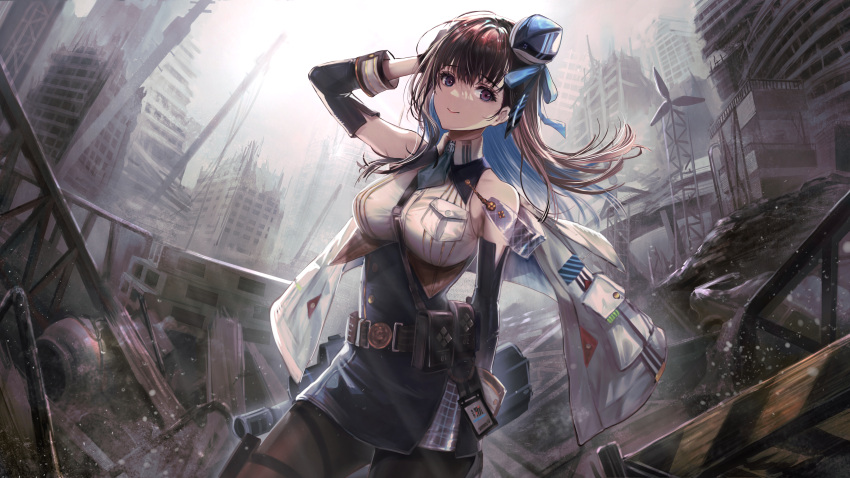 1girl absurdres arm_up bangs bare_shoulders belt black_legwear breasts brown_hair detached_sleeves dutch_angle eyebrows_visible_through_hair floating_hair goddess_of_victory:_nikke hand_in_own_hair hat highres hirose_(10011) holster jacket large_breasts long_hair looking_at_viewer marian_(goddess_of_victory:_nikke) military military_hat military_uniform necktie pantyhose pouch project_nikke purple_eyes ruins scenery sleeveless smile solo thigh_holster uniform white_jacket