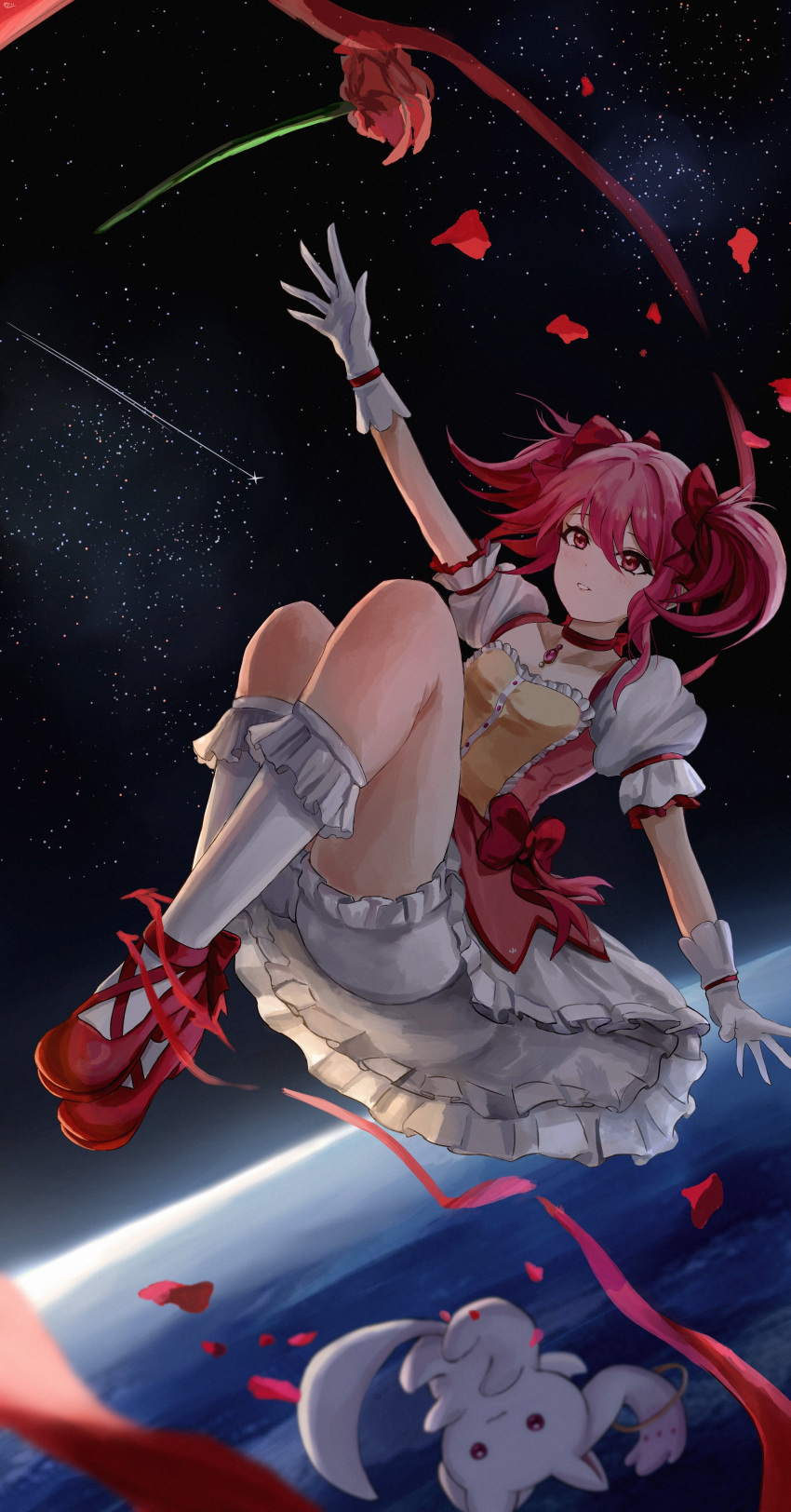 1girl absurdres bangs breasts choker dress earth_(planet) falling flower frilled_dress frills gloves hair_between_eyes hair_ornament highres kaname_madoka kyubey magical_girl mahou_shoujo_madoka_magica open_mouth petals pink_dress pink_hair planet red_choker red_eyes ribbon rose shooting_star solo space sunrise white_gloves yato_(yama0x1)