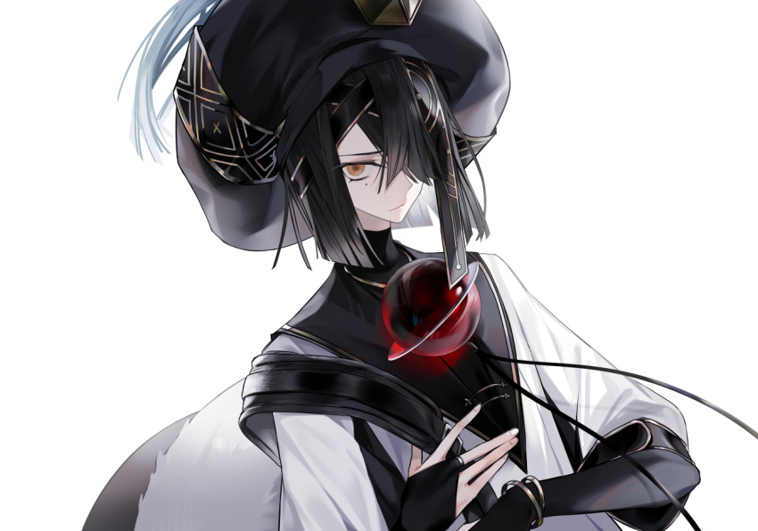 1girl :| bangs black_hair black_headwear bracelet breasts bridal_gauntlets brown_eyes chinese_clothes closed_mouth commentary_request doll expressionless fate/grand_order fate_(series) hair_over_one_eye hat jewelry long_sleeves looking_at_viewer mole mole_under_eye serious short_hair simple_background small_breasts solo space_xu_fu_(fate) to0folder80 upper_body white_background white_robe xu_fu_(fate) yu_mei-ren_(fate)