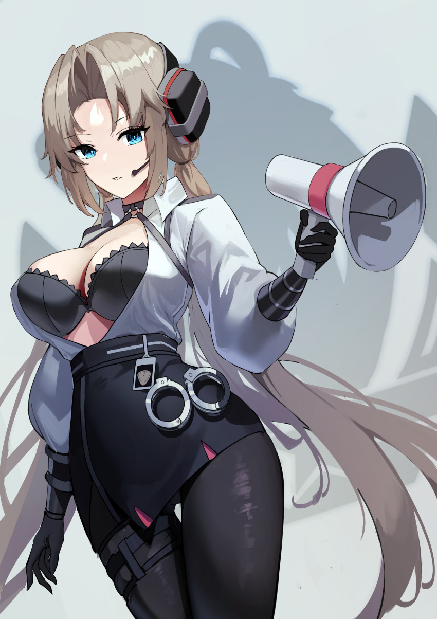 1girl absurdres azur_lane bangs belt black_bra black_choker black_gloves black_legwear black_skirt blonde_hair blue_background blue_eyes bra breasts choker cleavage collared_shirt commentary cowboy_shot cuffs dutch_angle elbow_gloves eyebrows_visible_through_hair floating_hair gloves handcuffs headphones high-waist_skirt highres holding holding_megaphone kronshtadt_(azur_lane) kronshtadt_(begin_the_rush!)_(azur_lane) large_breasts long_hair long_sleeves looking_at_viewer low_twintails maanu megaphone northern_parliament_(emblem) official_alternate_costume pantyhose parted_bangs parted_lips pencil_skirt shirt sidelocks simple_background skindentation skirt solo standing thigh_strap twintails unbuttoned unbuttoned_shirt underwear very_long_hair white_shirt