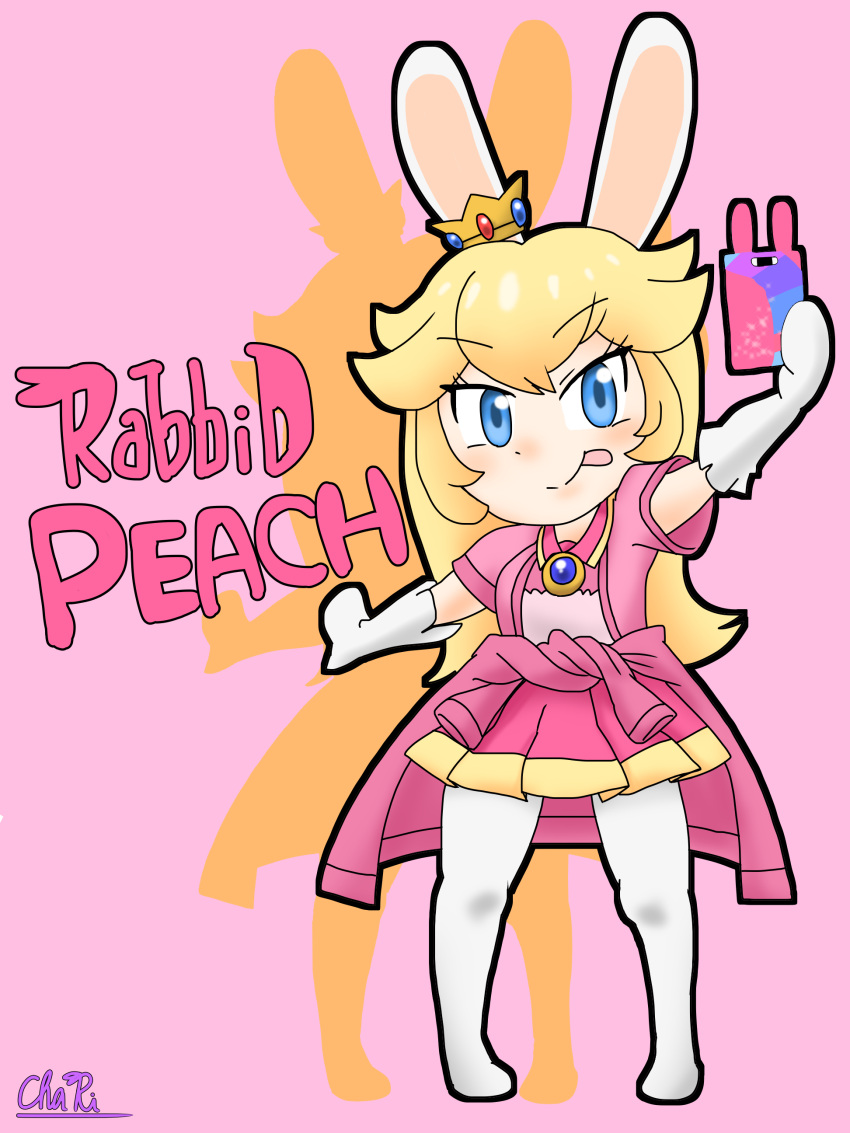 1girl absurdres animal_ears bangs blonde_hair blue_eyes brooch character_name charisuke chibi crossover crown dress eyebrows_visible_through_hair gloves highres jewelry kemono_friends leggings long_hair mario_+_rabbids_kingdom_battle nose parody personification phone pink_dress rabbid rabbid_peach rabbit_ears raving_rabbids shadow short_dress tiara tongue