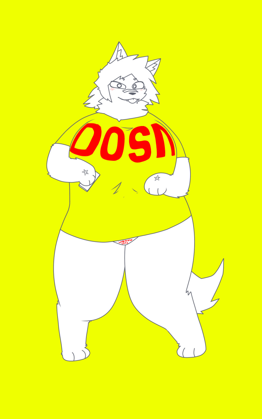 absurd_res anthro big_breasts breasts canid canine canis clothed clothing exo female hi_res labirhin looking_at_viewer mammal shirt simple_background solo thick_thighs topwear underwear wolf