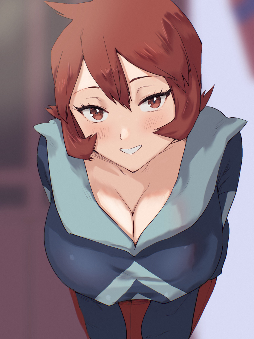 1girl ahoge arezu_(pokemon) bangs blurry blurry_background blush breasts brown_eyes brown_hair cleavage collarbone commentary_request diamond_clan_outfit highres large_breasts leaning_forward long_sleeves looking_at_viewer oyasu pantyhose pokemon pokemon_(game) pokemon_legends:_arceus short_hair simple_background smile