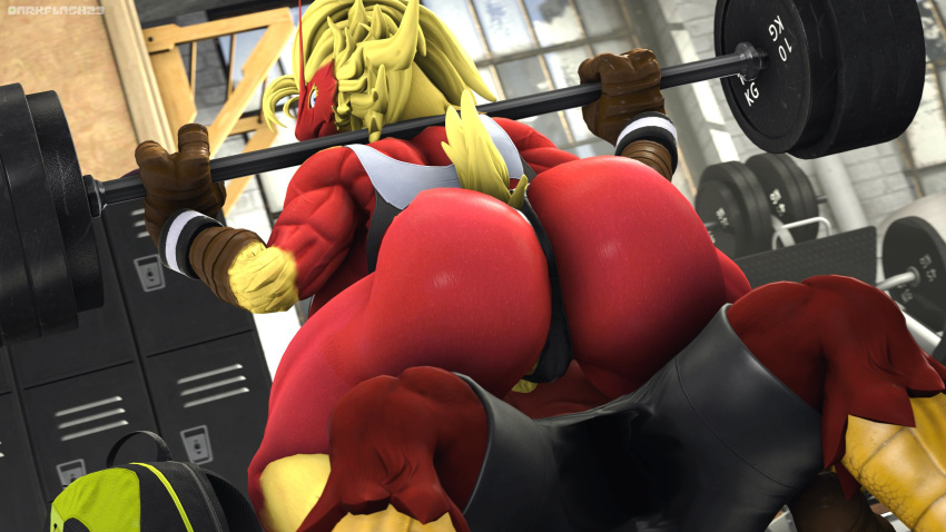 2021 3d_(artwork) anthro artist_name avian barbell biceps big_breasts big_butt bird blaziken blonde_hair blue_eyes bottomwear breasts butt clothing crop_top curvy_figure darkflash23 detailed_background digital_media_(artwork) duo feathers female fingers gym hair hi_res huge_breasts huge_butt inside long_hair looking_back lying male male/female muscular muscular_anthro muscular_female muscular_male nintendo on_back pok&eacute;mon pok&eacute;mon_(species) rear_view red_body red_feathers shirt shorts source_filmmaker thick_thighs topwear vein veiny_muscles video_games voluptuous wide_hips