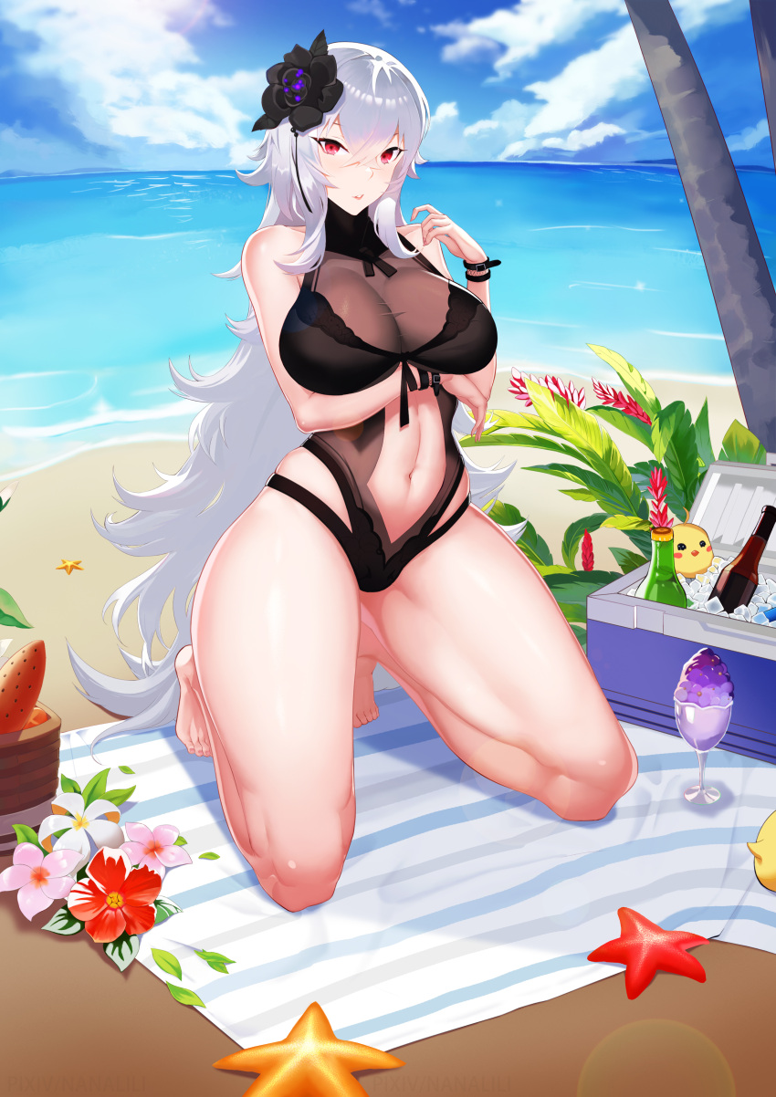 1girl absurdres arm_under_breasts azur_lane bangs beach black_flower black_rose black_swimsuit bottle breasts cleavage clothing_cutout crossed_bangs day flower graf_zeppelin_(azur_lane) graf_zeppelin_(beachside_urd)_(azur_lane) hair_flower hair_ornament highres huge_breasts impossible_clothes impossible_swimsuit long_hair looking_at_viewer manjuu_(azur_lane) navel_cutout ocean one-piece_swimsuit pink_flower red_eyes red_flower rose sand silver_hair smiling_embassies solo starfish summer swimsuit taut_clothes taut_swimsuit very_long_hair white_flower wrist_straps