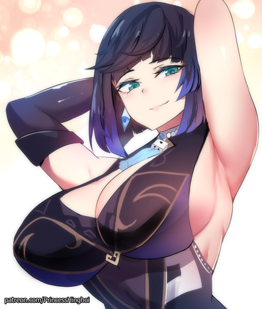 1girl armpits arms_behind_head bangs blue_hair blue_leotard breasts cleavage closed_mouth dice earrings elbow_gloves eyebrows_visible_through_hair genshin_impact gloves green_eyes highres hinghoi jewelry large_breasts leotard looking_at_viewer short_hair sideboob single_elbow_glove smile solo upper_body yelan_(genshin_impact)