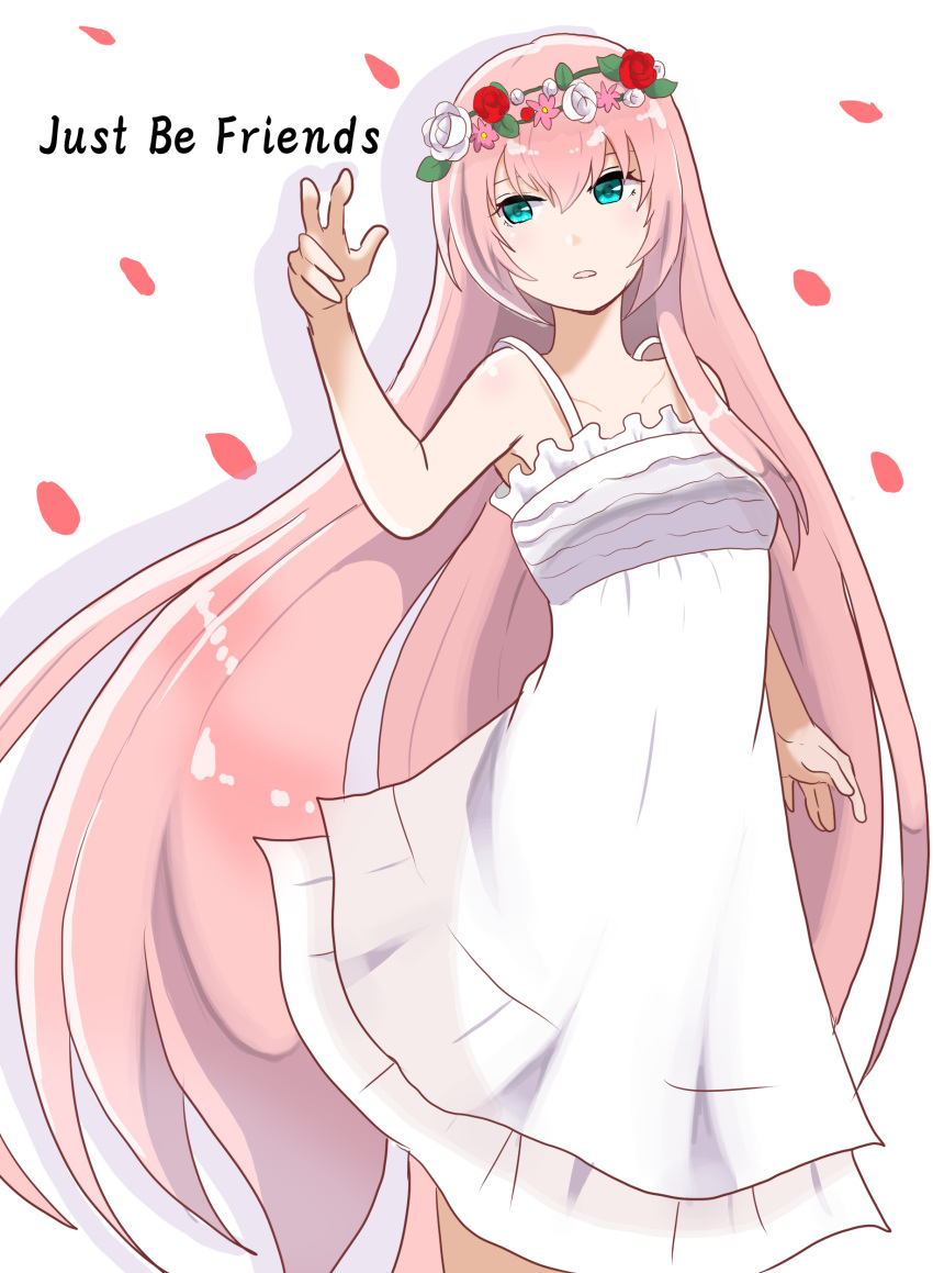 1girl absurdly_long_hair absurdres aqua_eyes artist_request bare_arms bare_shoulders dress eyebrows_visible_through_hair head_wreath highres just_be_friends_(vocaloid) long_dress long_hair megurine_luka nose pale_skin petals pink_hair solo song_name spaghetti_strap very_long_hair vocaloid white_dress