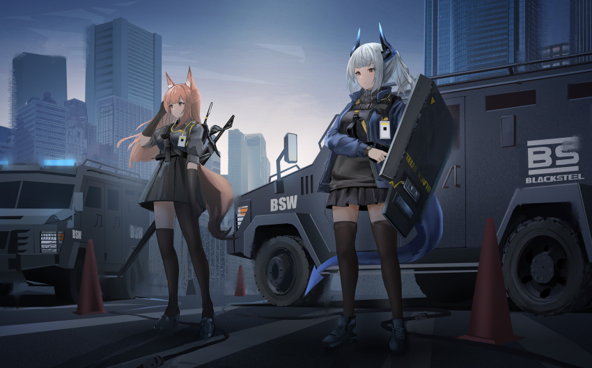 1girl absurdres animal_ear_fluff animal_ears arknights backlighting black_footwear black_gloves black_legwear black_shirt black_skirt black_sweater blue_jacket breasts brown_eyes brown_hair building car city closed_mouth dragon_girl dragon_horns dragon_tail elbow_gloves fox_ears fox_girl fox_tail franka_(arknights) full_body gloves gradient_sky ground_vehicle gun hand_in_own_hair high-waist_skirt highres holding holding_gun holding_shield holding_weapon horns id_card jacket liskarm_(arknights) long_hair medium_breasts miniskirt motor_vehicle open_clothes open_jacket outdoors pleated_skirt riot_shield sheath sheathed shield shirt shoes short_hair short_ponytail silver_hair single_leg_pantyhose single_thighhigh skirt sky standing sthk sunlight sweater sword tail thighhighs traffic_cone twilight weapon zettai_ryouiki