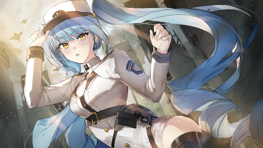 1girl absurdres aircraft airplane bangs belt blue_hair boots breasts buttons cityscape dappled_sunlight double-breasted dress drill_hair eyebrows_visible_through_hair fighter_jet goddess_of_victory:_nikke hat highres holster holstered_weapon jet liberty_(goddess_of_victory:_nikke) long_hair long_sleeves medium_breasts military military_hat military_uniform military_vehicle parted_lips pencil_dress project_nikke silhouette sleeve_cuffs solo sunlight thigh_boots thighhighs twin_drills uniform wattaro white_dress yellow_eyes