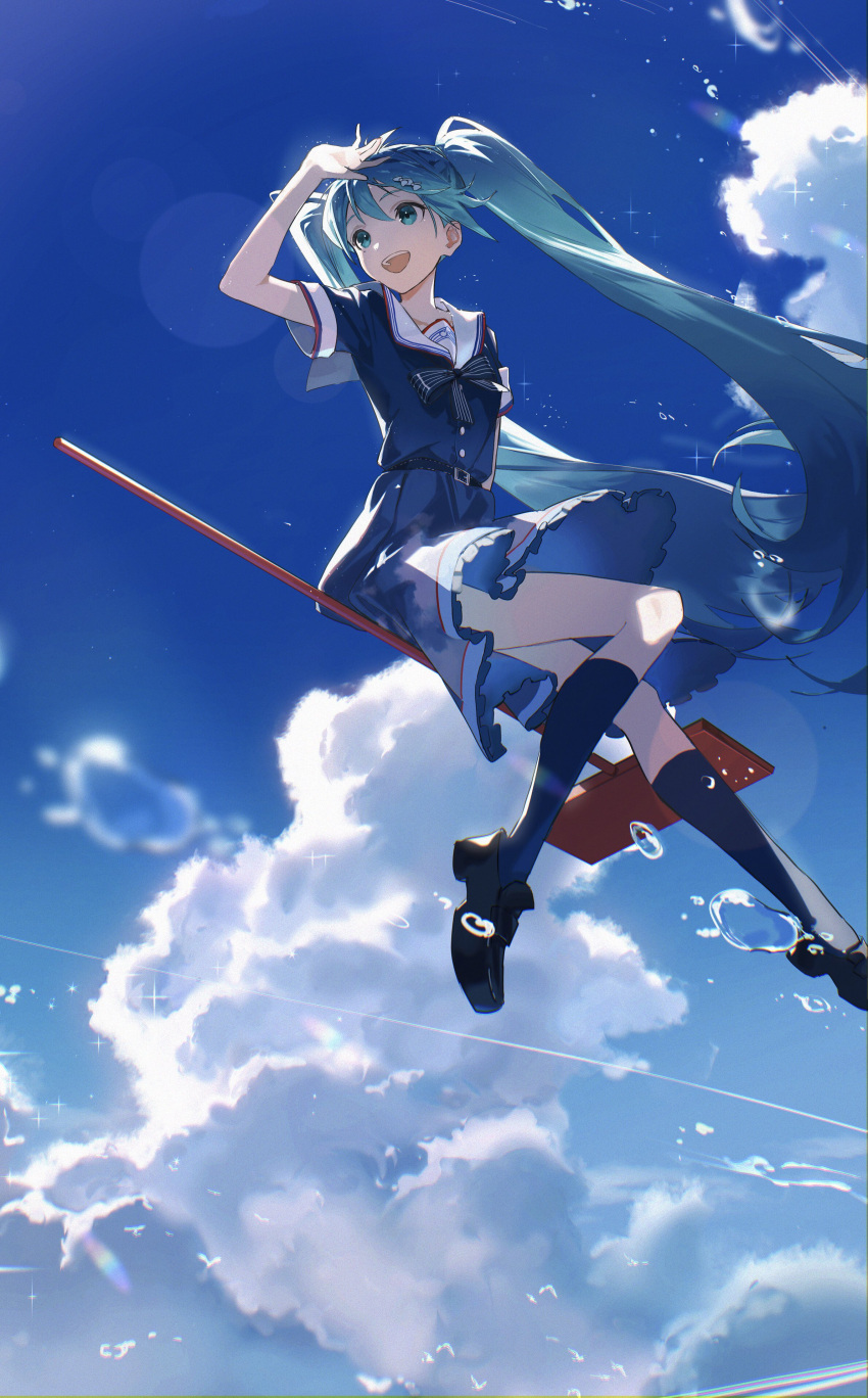 1girl absurdres aqua_eyes aqua_hair blue_sky cloud cloudy_sky commentary_request day flying hair_ornament hatsune_miku highres karasuro long_hair open_mouth project_sekai skirt sky smile solo tagme thighhighs twintails very_long_hair vocaloid witch