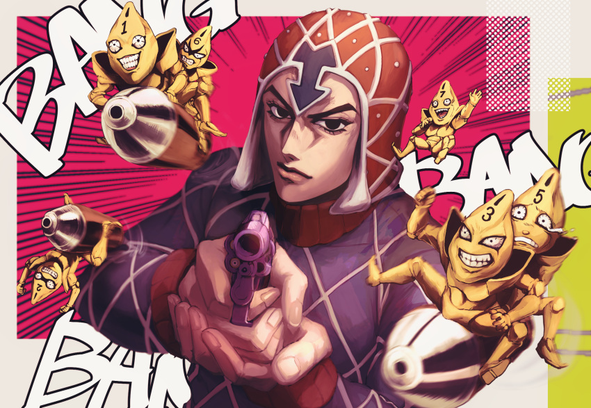 1boy argyle argyle_sweater guido_mista gun hat highres hospital_0434 jojo_no_kimyou_na_bouken looking_at_viewer male_focus midriff sex_pistols_(stand) solo stand_(jojo) sweater turtleneck vento_aureo weapon