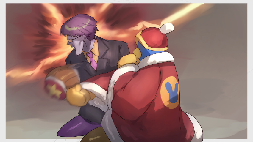 2boys absurdres black_jacket customer_service formal hammer highres hitting jacket king_dedede kirby:_right_back_at_ya kirby_(series) meme multiple_boys necktie purple_footwear purple_hair purple_necktie shiburingaru shirt suit will_smith_slapping_chris_rock_(meme) yellow_shirt