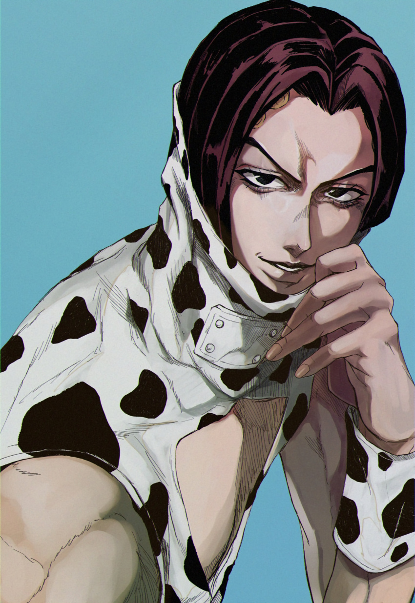 1boy animal_print black_hair blue_background cow_print highres hospital_0434 jojo_no_kimyou_na_bouken looking_at_viewer rikiel short_hair sleeveless smile solo stone_ocean turtleneck