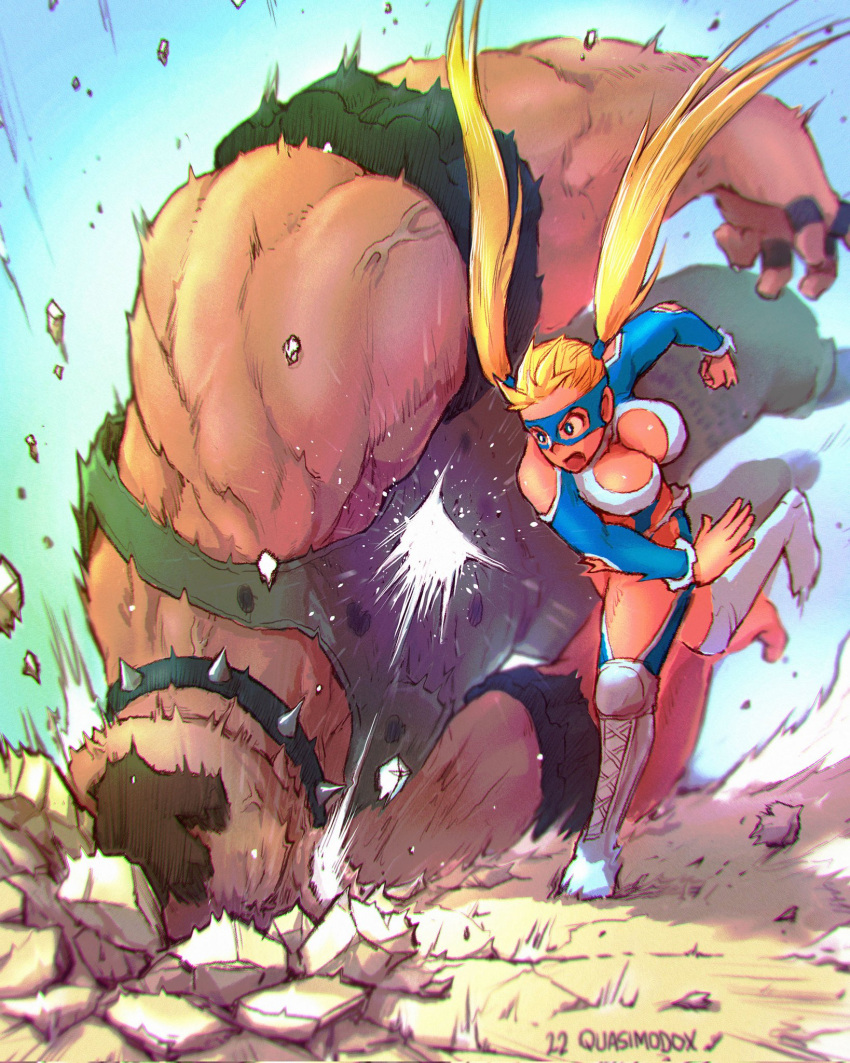 1boy 1girl abigail_(final_fight) armband blue_eyes boots breasts cleavage clothing_cutout collar cross-laced_footwear english_commentary fighting final_fight ground_shatter height_difference highres jewelry knee_boots knee_pads lace-up_boots large_breasts long_hair meme mohawk multiple_rings muscular muscular_male quasimodox rainbow_mika ring slapping spiked_collar spikes street_fighter street_fighter_v tank_top thumb_ring twintails veiny_arms will_smith_slapping_chris_rock_(meme) wrestling_mask wrestling_outfit