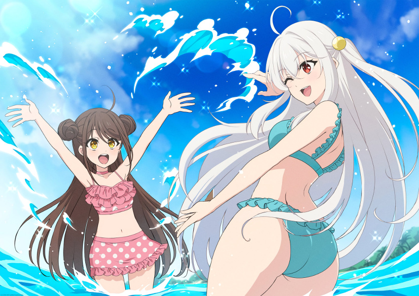 2girls absurdres artist_request bangs beach bikini blue_swimsuit brown_hair double_bun falanya_elk_arbalest frilled_bikini frills highres multiple_girls ninym_ralei official_art one_eye_closed open_mouth pink_swimsuit polka_dot polka_dot_bikini red_eyes smile splashing swimsuit tensai_ouji_no_akaji_kokka_saiseijutsu third-party_source tree white_hair yellow_eyes