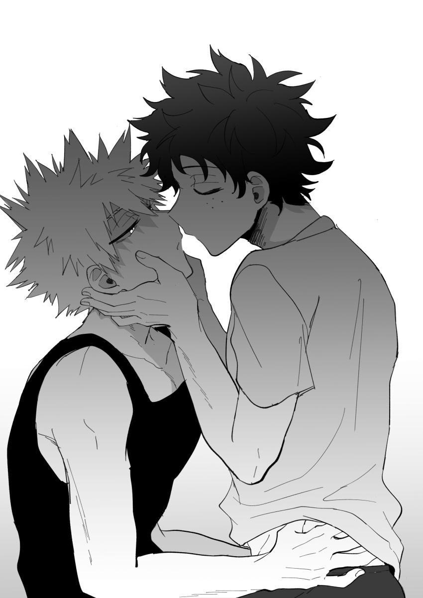 2boys absurdres bakugou_katsuki black_tank_top boku_no_hero_academia closed_eyes freckles gradient gradient_background greyscale hand_under_clothes hand_under_shirt highres holding_another's_head imminent_kiss looking_at_another male_focus midoriya_izuku monochrome multiple_boys rapiko shirt simple_background spiked_hair tank_top torso_grab white_background yaoi