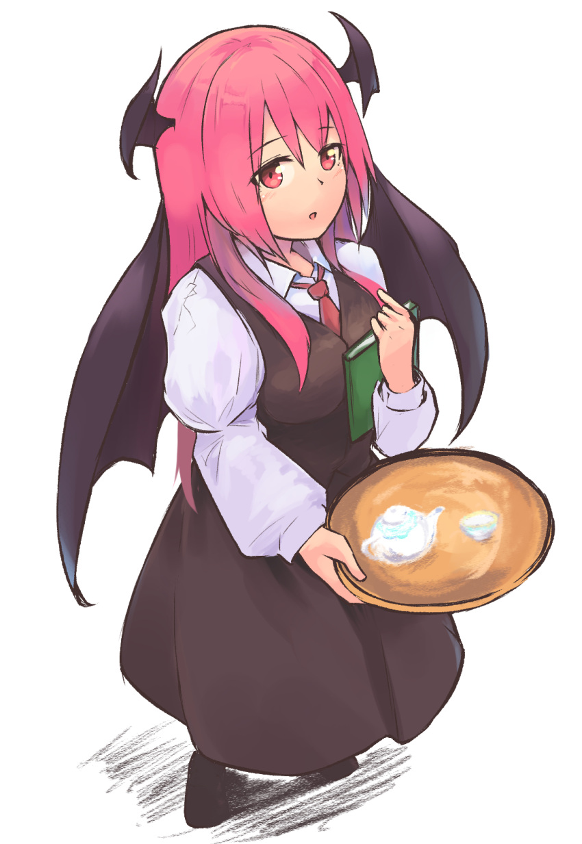 1girl :d bat_wings book ginnkei gradient gradient_background head_wings highres holding holding_book holding_tray juliet_sleeves koakuma long_hair long_sleeves looking_at_viewer necktie open_mouth puffy_sleeves red_eyes red_hair red_neckwear shirt simple_background skirt smile solo teapot touhou tray vest white_background wings