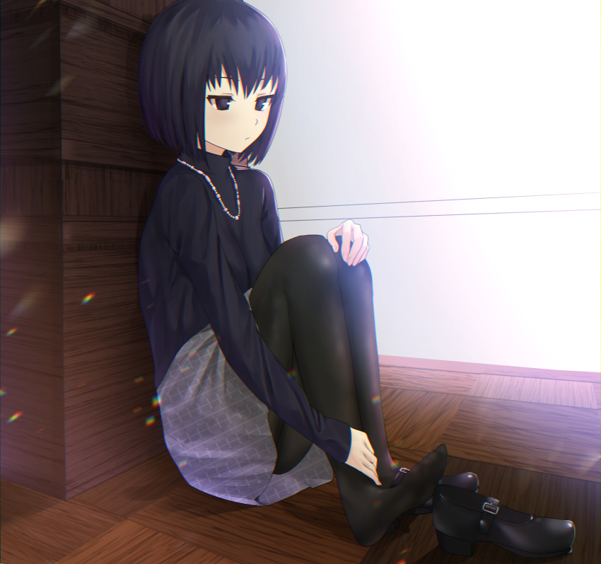1girl absurdres bangs black_eyes black_footwear black_hair black_legwear black_sweater breasts closed_mouth commentary_request grey_skirt hair_between_eyes highres indoors knees_to_chest knees_up kuonji_alice long_sleeves looking_away mahou_tsukai_no_yoru on_floor oyasuminasai31 pantyhose shoes shoes_removed short_hair single_shoe sitting skirt sleeves_past_wrists small_breasts solo sweater turtleneck turtleneck_sweater wooden_floor