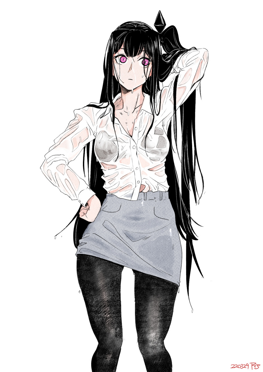 1girl alternate_costume architect_(girls'_frontline) bangs black_hair collared_shirt dress_shirt expressionless girls'_frontline highres long_hair pantyhose pencil_skirt pink_eyes radish_p see-through_shirt shirt side_ponytail sidelocks skirt solo very_long_hair wet wet_clothes wet_hair wet_shirt