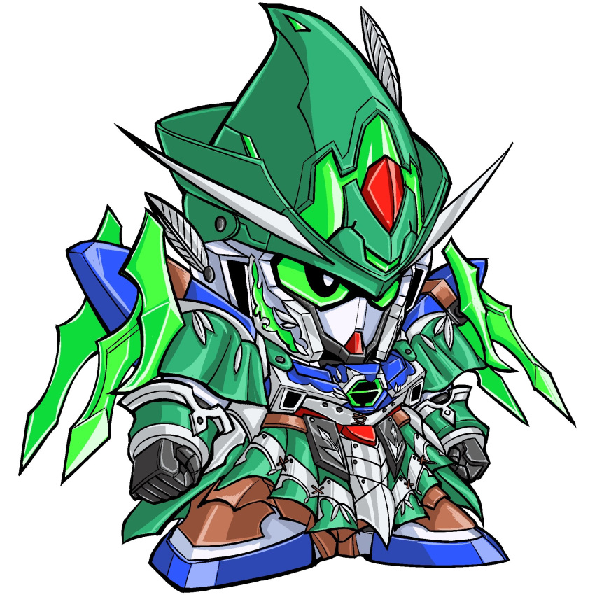 clenched_hands green_eyes gundam hat_feather highres mecha mobile_suit no_humans nyun_seki robinhood_gundam_age_2 science_fiction sd_gundam sd_gundam_world_heroes solo standing v-fin