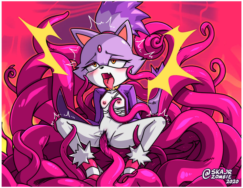 anthro blaze_the_cat bodily_fluids clothing domestic_cat drooling duo felid feline felis female flat_chested genital_fluids genitals hi_res looking_pleasured mammal penetration pussy pussy_juice saliva sega shaking skajrzombie sonic_the_hedgehog_(series) spread_legs spreading tentacle_sex tentacles tongue tongue_out torn_clothing trembling vaginal vaginal_penetration