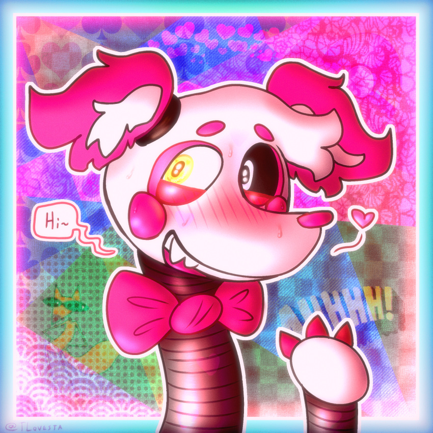 &lt;3 3_fingers anthro blush blush_lines bodily_fluids bow_tie canid canine colored_nails eyelids eyeliner female feral fingers five_nights_at_freddy's five_nights_at_freddy's_2 fox glowing glowing_eyes hi_res love makeup mammal mangle_(fnaf) metal metallic_body nails nervous pigtails scottgames shgurr smile solo speech_bubble sweat text tunk_saray_lovesta video_games white_body