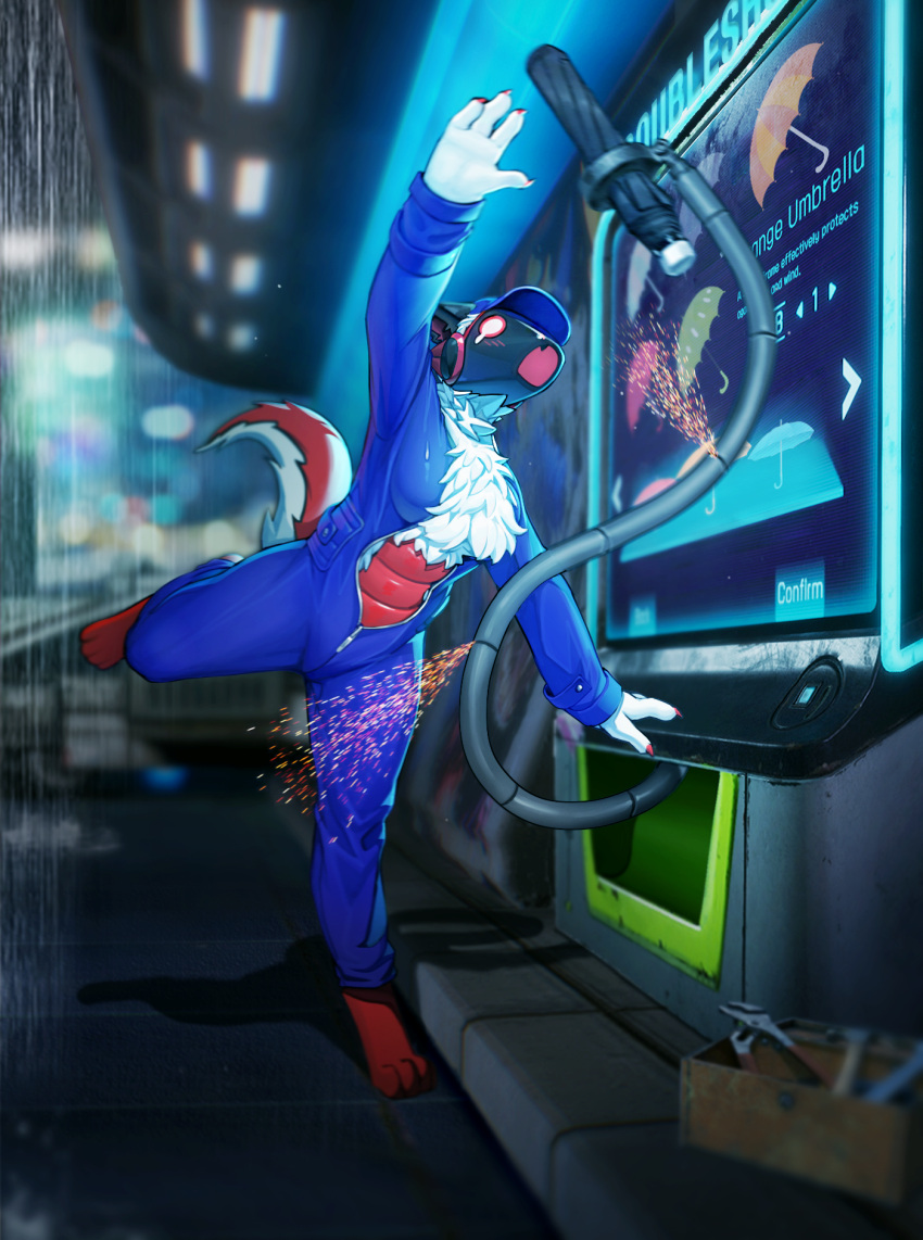 anthro black_body black_fur clothing female fur hi_res kambo noisy_(redace83) panicked raining reaching red_body red_fur solo sparks suit tools umbrella vending_machine wet white_body white_fur