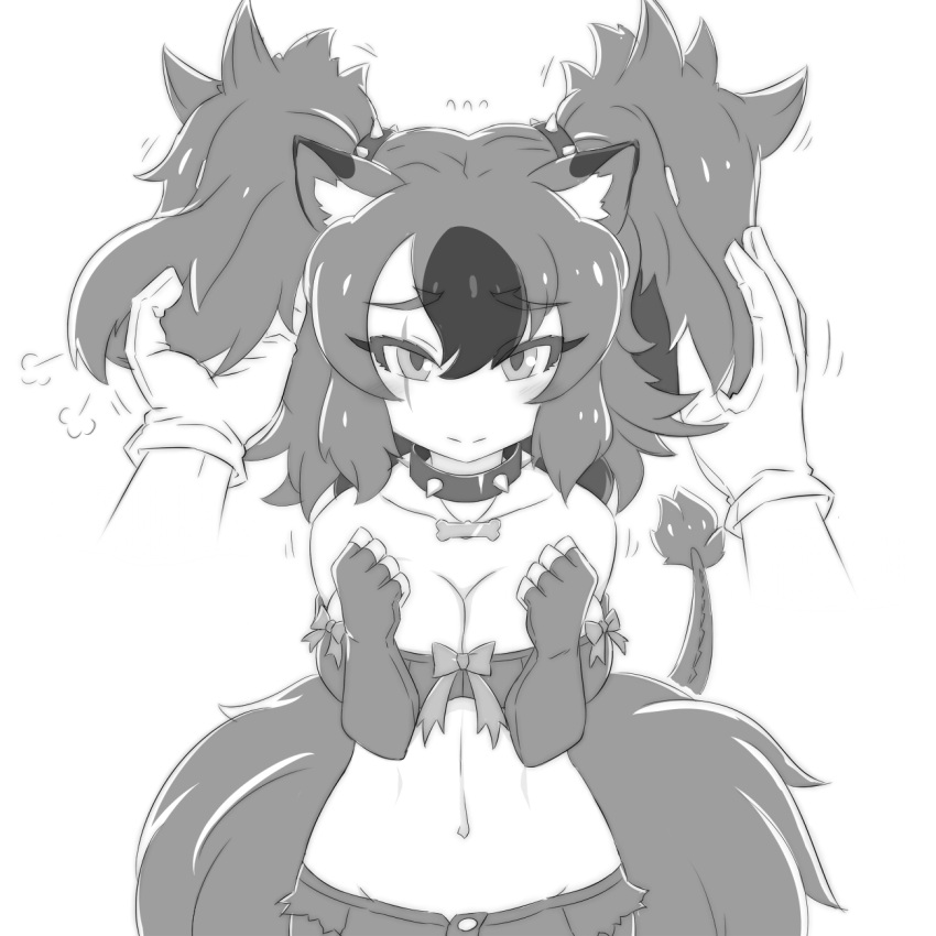 1girl animal_ears bangs big_hair blush bone_necklace breasts cerberus_(kemono_friends) cleavage closed_mouth collar collarbone disembodied_limb dog_ears eyebrows_visible_through_hair fingerless_gloves flustered flying_sweatdrops furrowed_brow gloves grabbing greyscale hair_between_eyes hands_up highres kemono_friends looking_at_viewer lowleg lowleg_shorts monochrome multicolored_hair navel parted_bangs scar scar_across_eye scar_on_face short_shorts shorts solo_focus spiked_collar spikes stomach strapless tail tsukushi_(741789) tube_top two_side_up upper_body