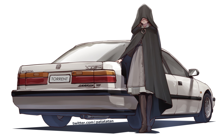 1girl boots car dress elden_ring ground_vehicle highres honda_accord hood_over_eyes hooded_coat medium_hair melina_(elden_ring) motor_vehicle patatatan pun red_hair solo thigh_boots thighhighs