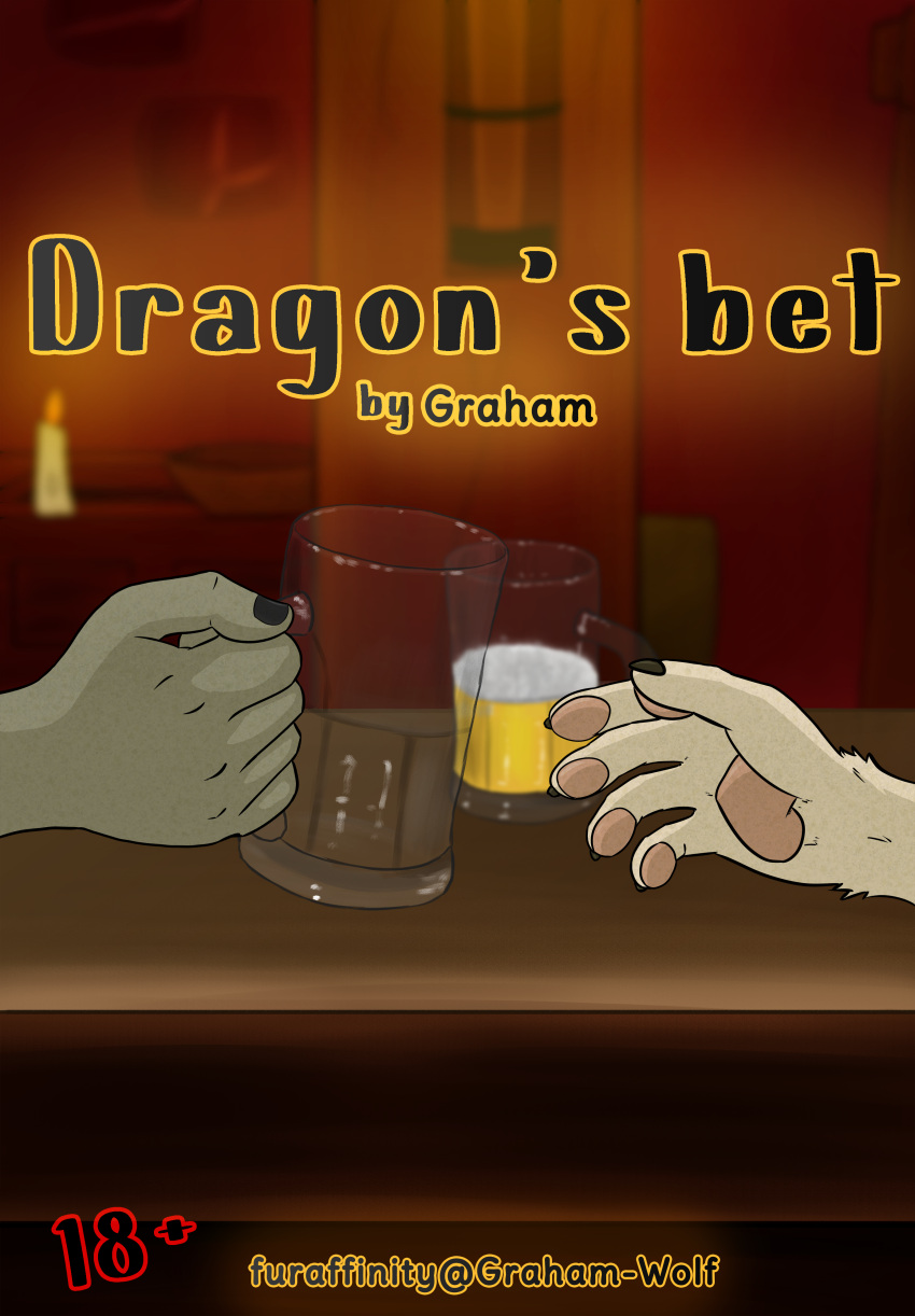absurd_res alcohol ambiguous_gender anthro beer beverage black_nails canid canine canis colored_nails comic cover cover_art cover_page dragon duo eyewear glasses graham_(artist) grey_body grey_skin hi_res kaya_the_silverdragon_(character) mammal nails pawpads pink_pawpads signature text url wolf