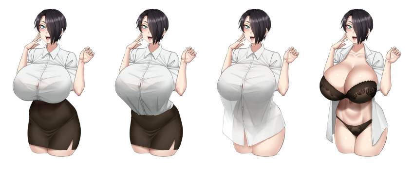 bangs black_hair blue_eyes blush bra breasts cleavage curtain_call_challenge form_fitting gigantic_breasts hair_over_one_eye hand_on_own_face hand_up highres huge_breasts impossible_clothes lace-trimmed_bra lace-trimmed_panties lace_trim navel open_mouth original panties saya_(twrlare) shirt short_hair thighs tight tight_shirt twrlare underwear