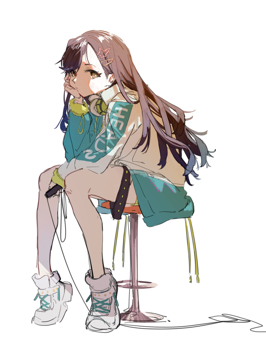 1girl absurdres black_hair blue_jacket commentary green_shorts hair_ornament hairclip head_rest headphones headphones_around_neck highres holding holding_microphone jacket kurattes long_hair long_sleeves looking_at_viewer microphone microphone_cord multicolored_clothes multicolored_jacket project_sekai shiraishi_an shoes shorts sitting sneakers solo star_(symbol) star_hair_ornament stool two-tone_jacket white_footwear white_jacket yellow_eyes