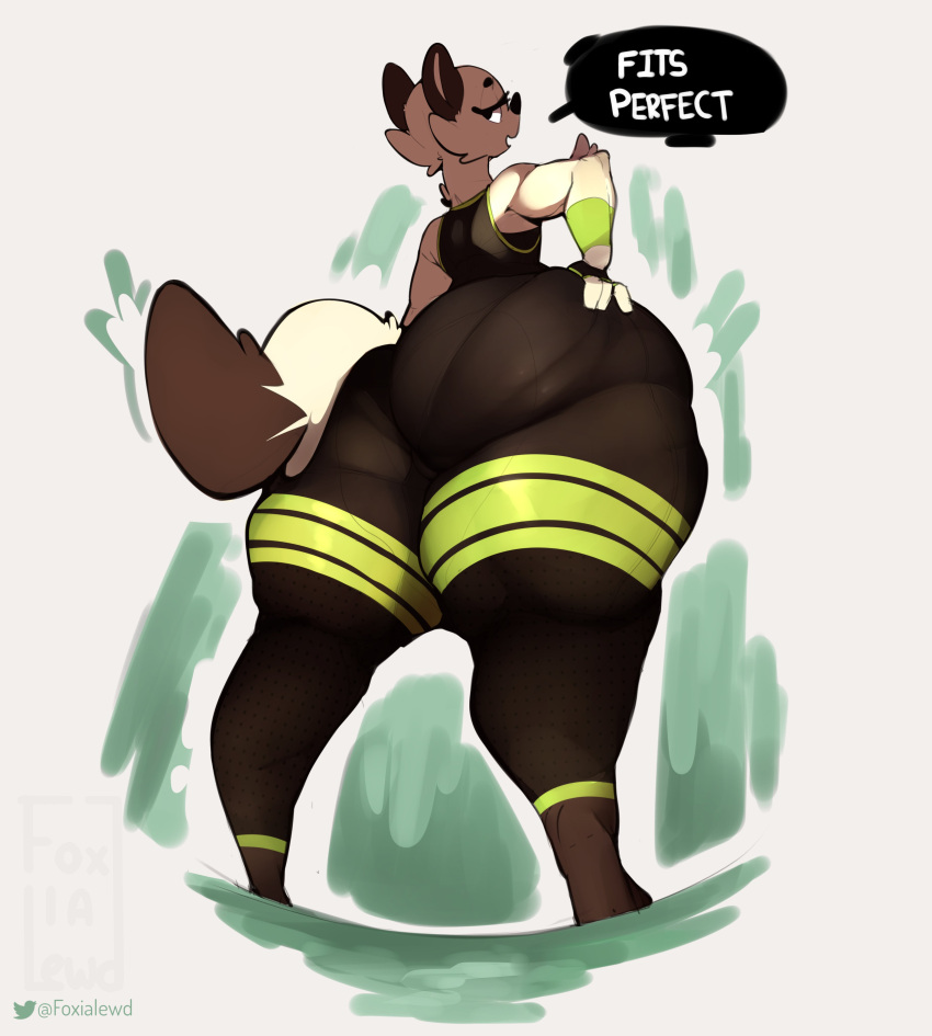 absurd_res anthro athletic_wear big_butt bottomwear butt clothing dialogue female foxialewd hand_on_butt hi_res huge_butt huge_hips huge_thighs kaz_(foxialewd) looking_at_viewer mammal mustela mustelid musteline pants solo stoat talking_to_viewer thick_thighs true_musteline wide_hips yoga_pants