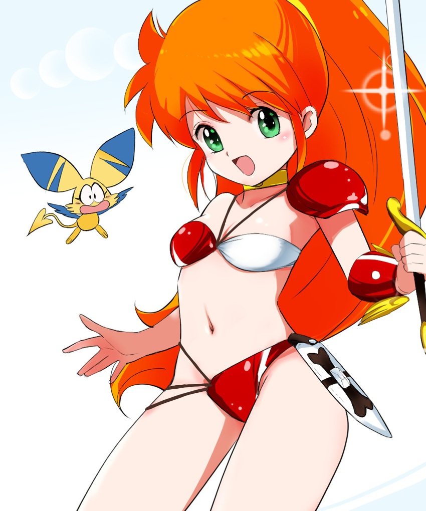 1boy 1girl absurdres armor bikini bikini_armor breasts caron_(rall) choker cream_lemon felulu_(rall) green_eyes highres long_hair navel open_mouth orange_hair pauldrons ponytail red_bikini sf_choujigen_densetsu_rall shoulder_armor side-tie_bikini small_breasts smile swimsuit sword tanaka_yutaka thighs vambraces weapon