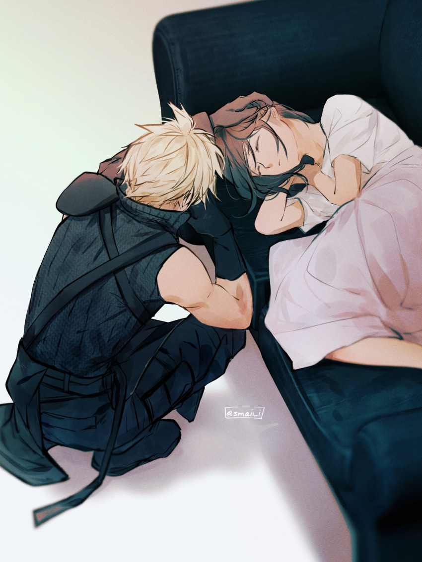 1boy 1girl blonde_hair brown_hair caress cloud_strife couch final_fantasy final_fantasy_vii final_fantasy_vii_advent_children gloves hand_on_another's_head highres long_hair lying maiii_(smaii_i) on_side shirt short_hair sleeping spiked_hair tifa_lockhart white_shirt