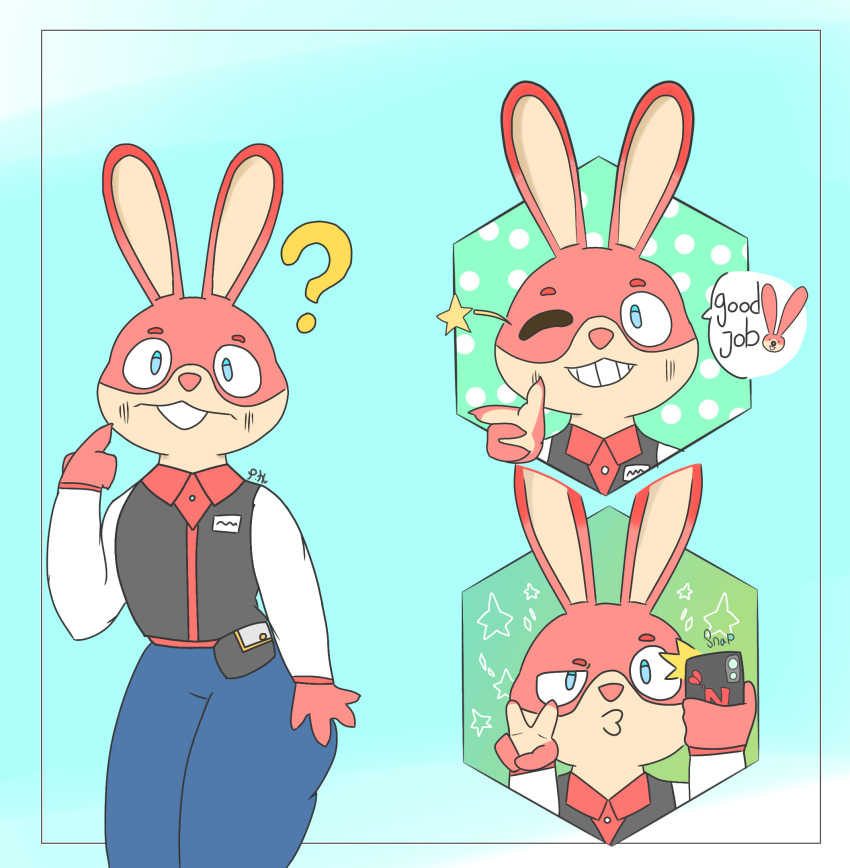 anthro blush clothed clothing digital_media_(artwork) fur hair hi_res lagomorph leporid male mammal nintendo nintendo_badge_arcade one_eye_closed phant0mhat phone rabbit selfie simple_background sketch smile solo text video_games wink